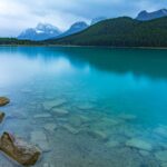 Reflection of the mountains off Waterfowl Lakes in Banff National Park Canada