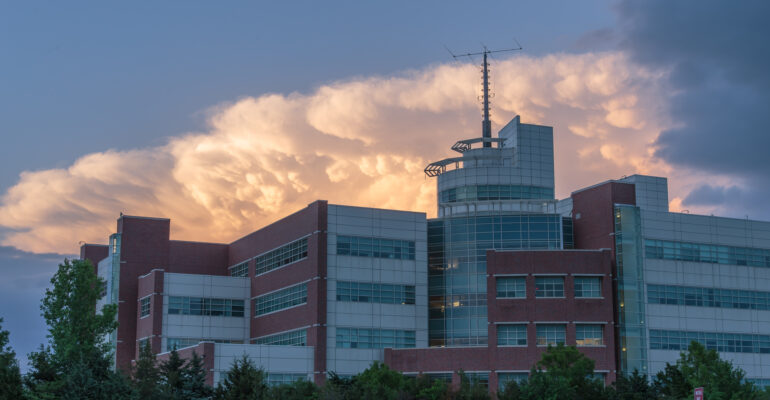 A storm anvil over the National Weather Center in Norman, OK on April 25, 2017