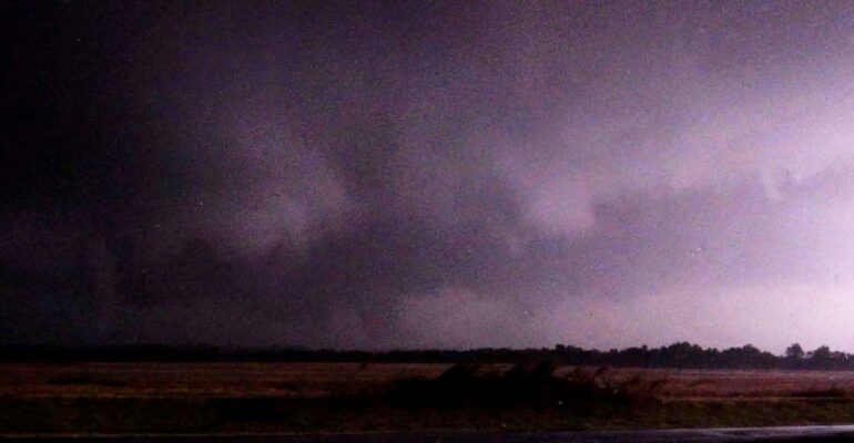 Tornado with satellite tornado near Clinton, Oklahoma after dark on October 12, 2021