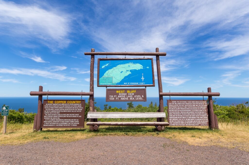 West Bluff Scenic View. 726 ft above lake level and 1328 ft above sea level. Keweenaw Peninsula, Upper Peninsula of Michigan.